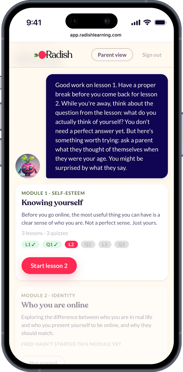 Child dashboard showing module progress