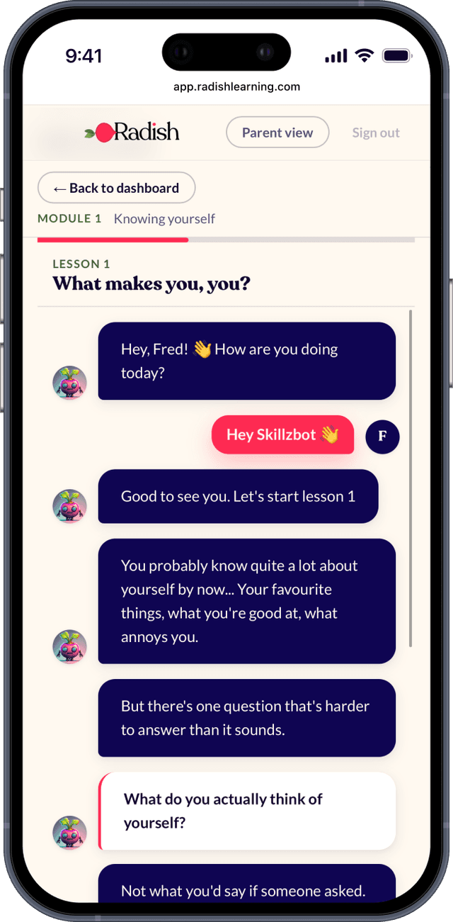 Radish Learning lesson — SkillzBot guides a child through a conversation