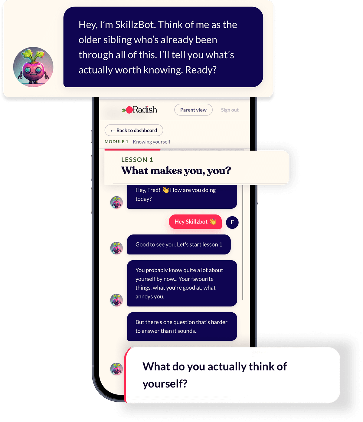 Radish Learning — SkillzBot guides a child through lesson 1: What makes you, you?