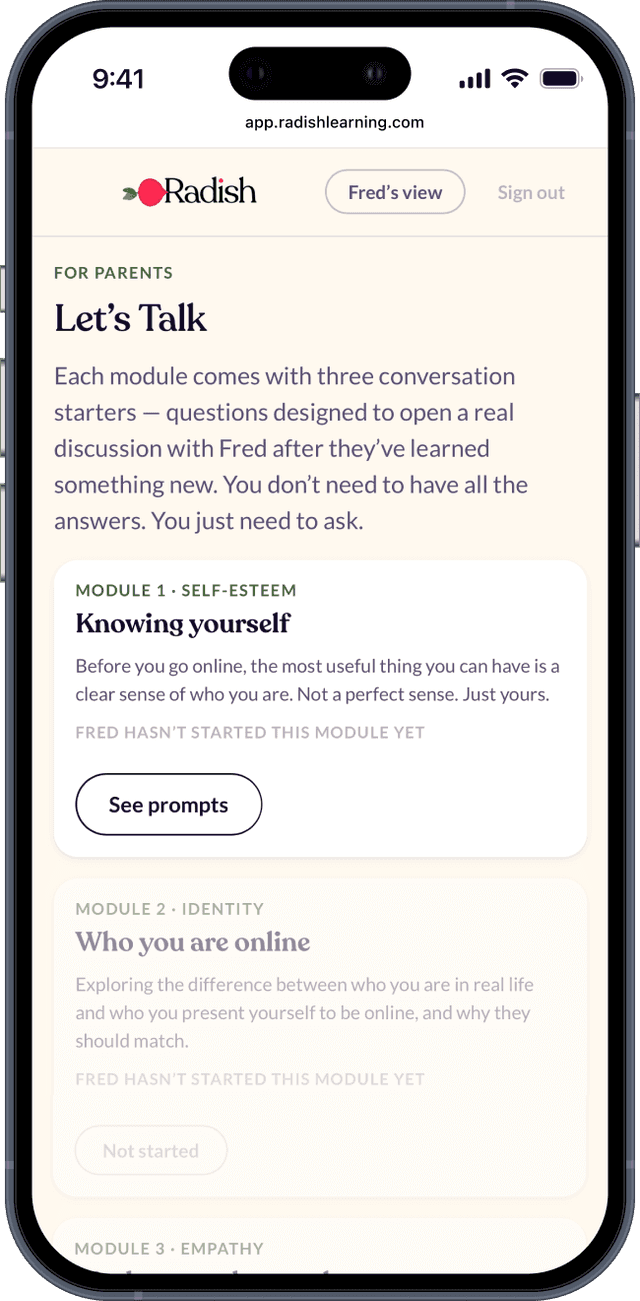 Parent view showing Let's Talk conversation prompts