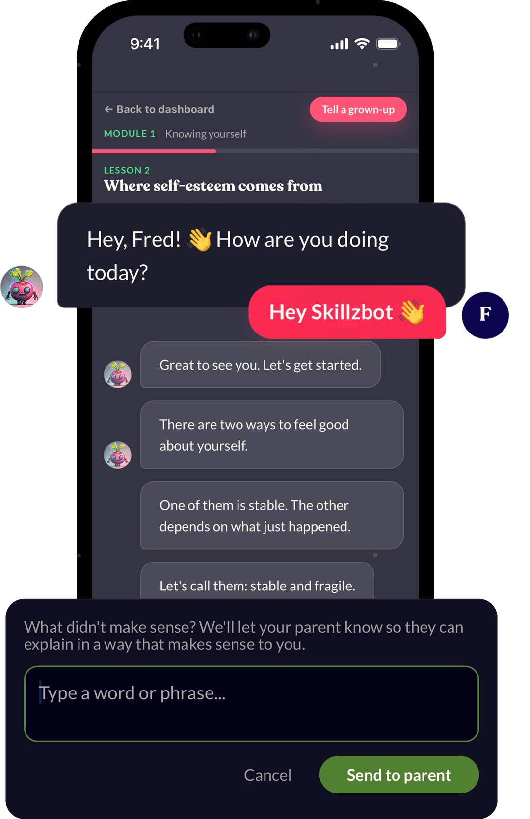 Radish Learning — SkillzBot guides a child through lesson 1: What makes you, you?