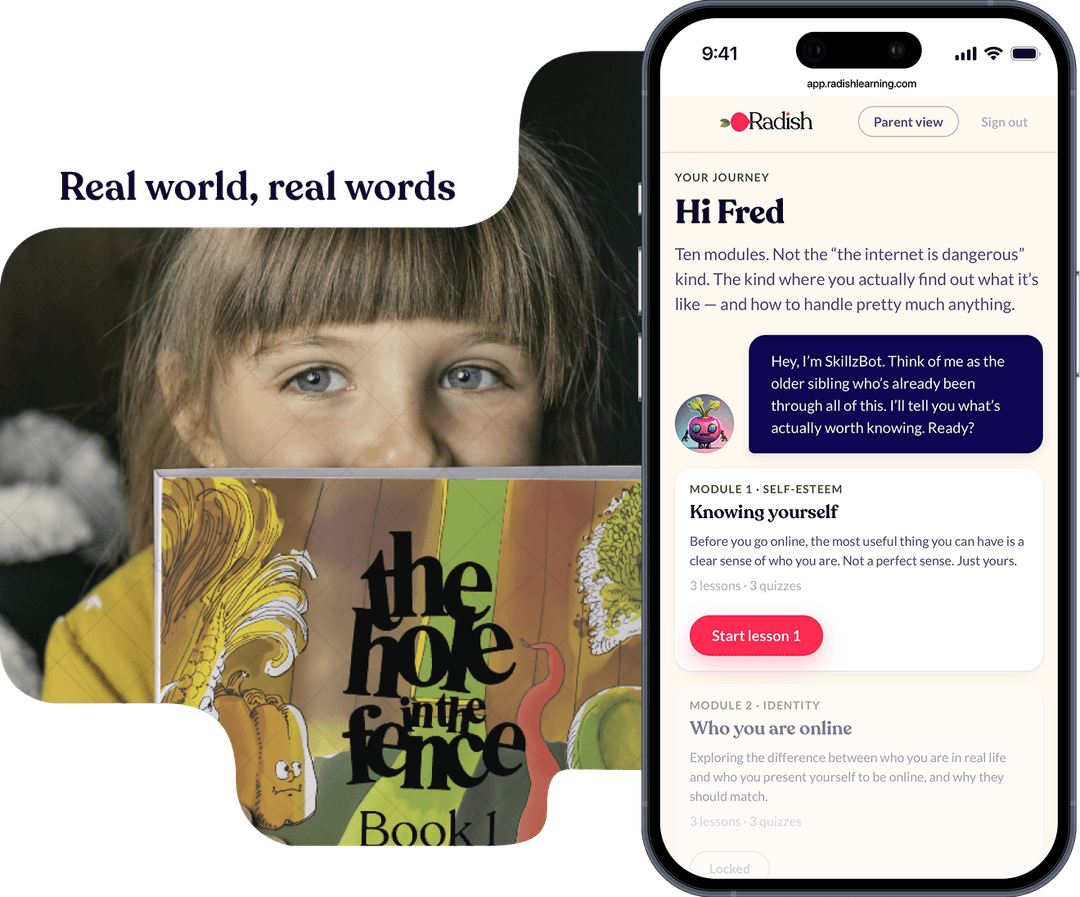 The Hole in the Fence storybooks alongside the Radish Learning app on mobile